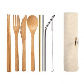busybee Bamboo Cutlery Set in Roll Pouch white 8 Pce 