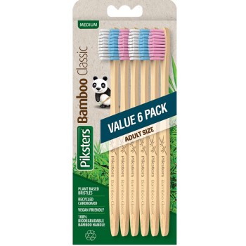 Piksters Bamboo Classic Toothbrush Adult Med 6pk 