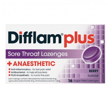 Difflam Plus Anaesthetic Sore Throat Lozenges Berry 16 Loz